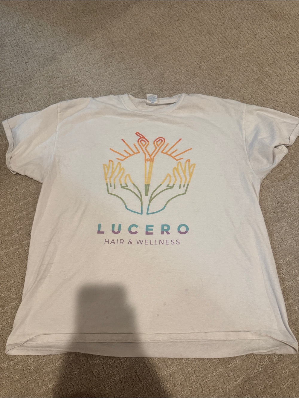 Port and Company White Tee with Multicolor Lucero Hair & Wellness Logo